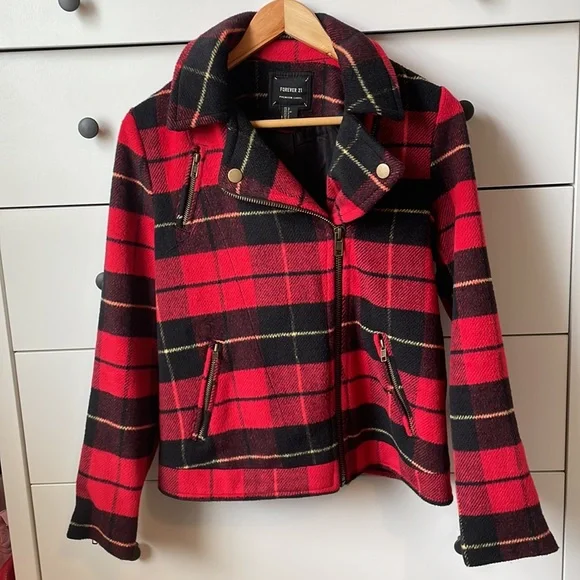 Forever 21 Premium Label Red Plaid Moto Jacket S - Picture 1 of 9